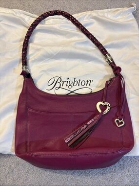 Brighton Plum Braided-Handle Leather Hobo with Heart Charms